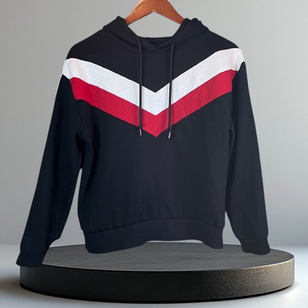 Trillium Hoodie Sweatshirt, Black With Red & White Stripe. Women’s size small